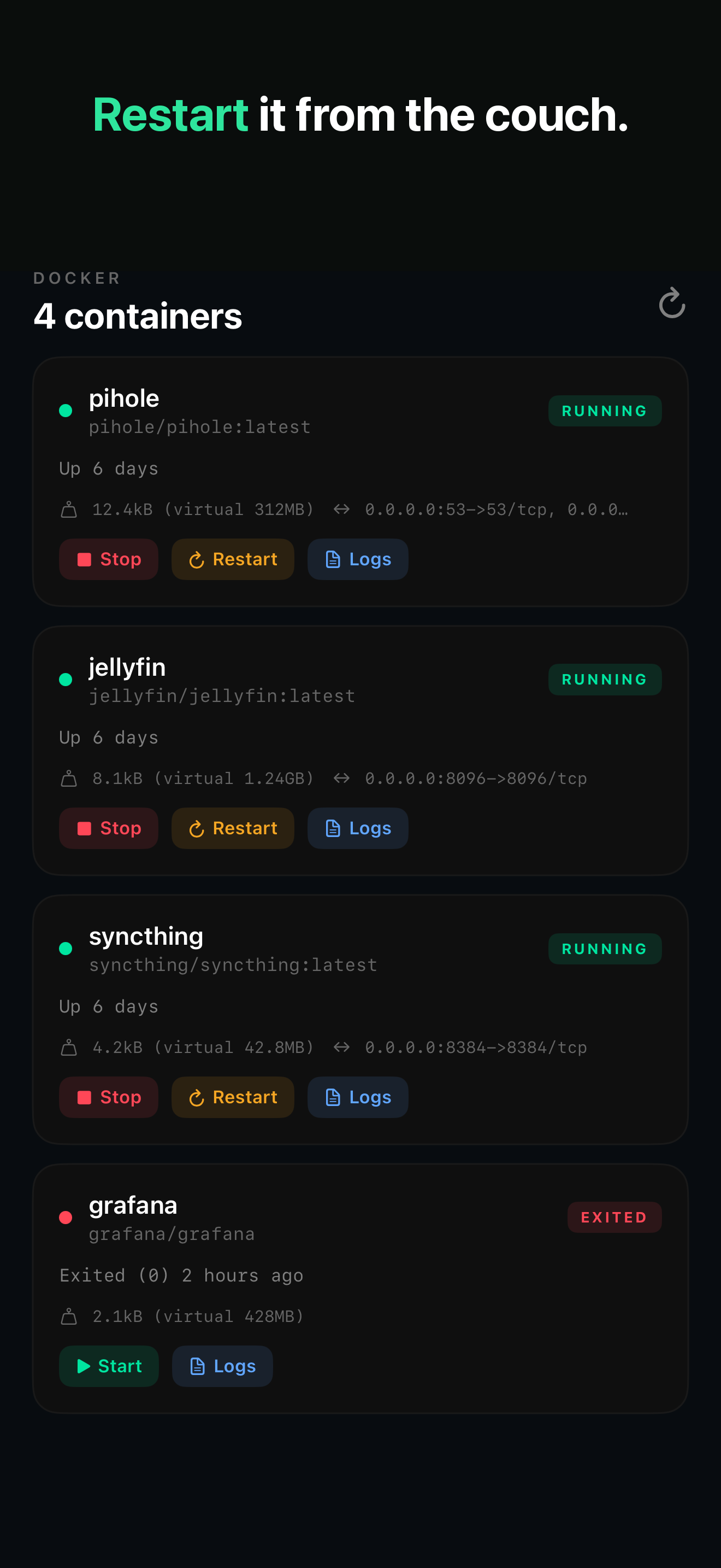 Docker container list with stop, restart and logs buttons